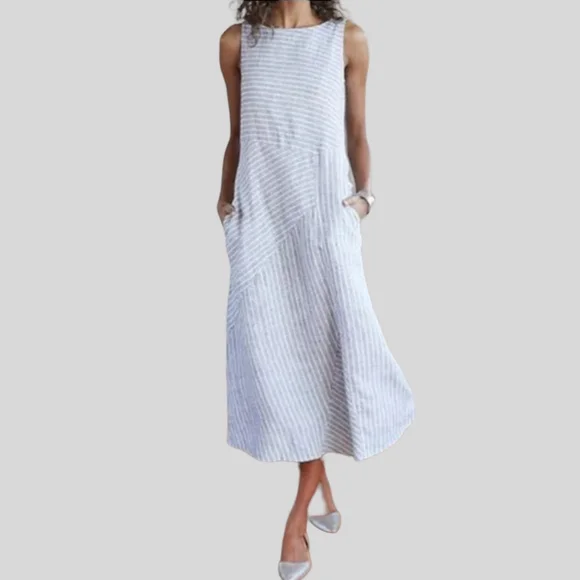 Artisan | Dresses | White Linen Maxi Tank Dress Sleeveless Pockets Dark  Gray Pinstripe High Collar | Poshmark